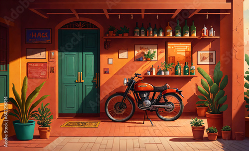 bike in front of a brick house south of border, generative ai