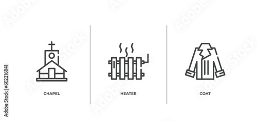 winter outline icons set. thin line icons sheet included chapel, heater, coat vector.
