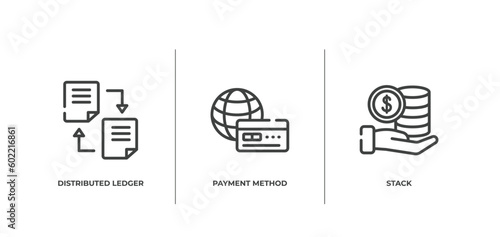 business and financial outline icons set. thin line icons sheet included distributed ledger, payment method, stack vector.