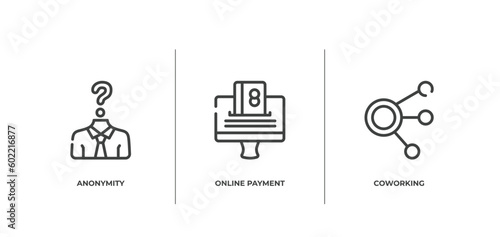 coworking space outline icons set. thin line icons sheet included anonymity, online payment, coworking vector.