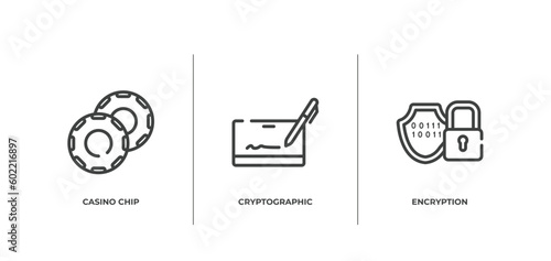 cryptocurrency outline icons set. thin line icons sheet included casino chip, cryptographic, encryption vector.