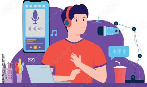 Podcaster streaming. Man reviewing for online journal or website content, posting short video to vlog, recording program. Vector flat style cartoon Podcast illustration.