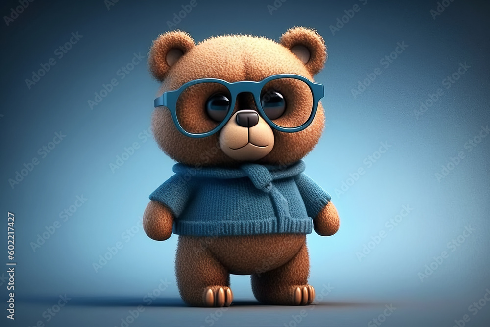 plush toy cute teddy bear with glasses on blue background. Generative AI illustration plush toy cute teddy bear with glasses on blue background. Generative AI illustration