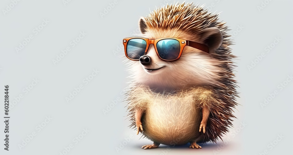 cute character stylish hedgehog in sunglasses on white background. Generative AI illustration