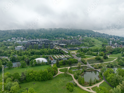 Aerial view of University of Z  rich Campus Irchel with public park in the foreground on a cloudy spring morning at City of Z  rich. Photo taken May 9th  2023  Zurich  Switzerland.