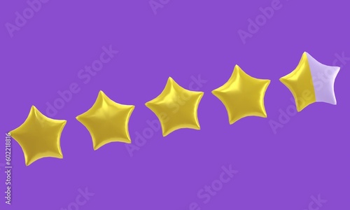 Rating stars with half gold color on the last star, purple background, 3d render
