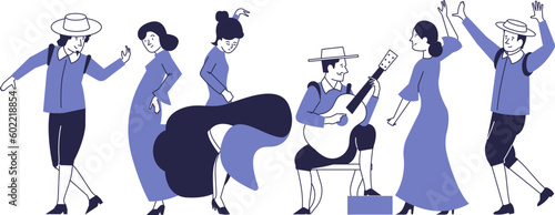 Dancers in traditional costumes dance flamenco. Performance by folk artists.