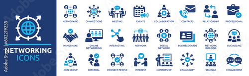 Networking icon set. Containing network, connections, relationship, online networking, community, events and social network icons. Solid icon collection. Vector illustration.