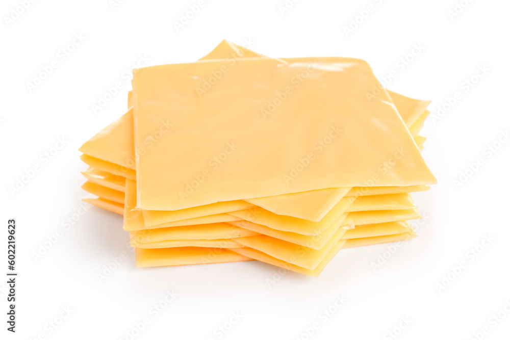 Slices of tasty processed cheese on white background Slices of tasty processed cheese on white background