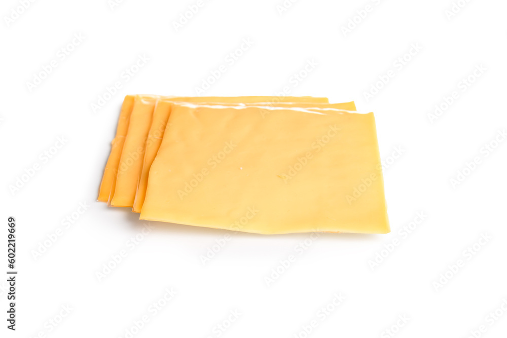 Slices of tasty processed cheese on white background Slices of tasty processed cheese on white background