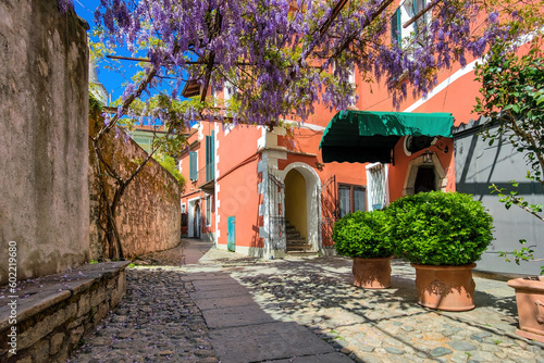 Narrow street and colorful houses on Isola dei Pescatori in Italy.