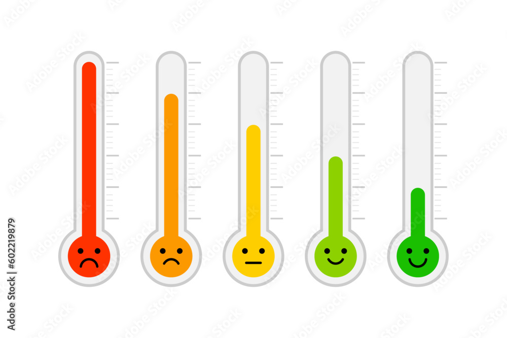 thermometer emotional scale satisfaction level. face emotion happy normal and angry. vector illustration flat design. isolated on white background. Temperature and weather forecast. - obrazy, fototapety, plakaty 