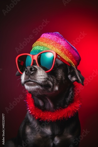 fairy funny dog using rainbow hat and sunglasses generated ai © Rizzz
