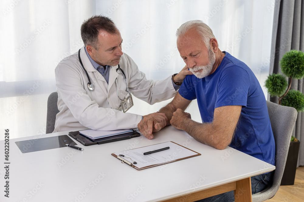 Doctor comforting and supporting sad senior patient having bad diagnosis, disease or health problem. Empathy consoling concept at medical consultation