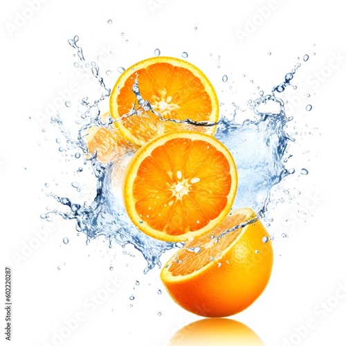 Sliced orange fruit with splash of juicy on white background. food and drink picture. Orange splash isolated on white background  Generative AI