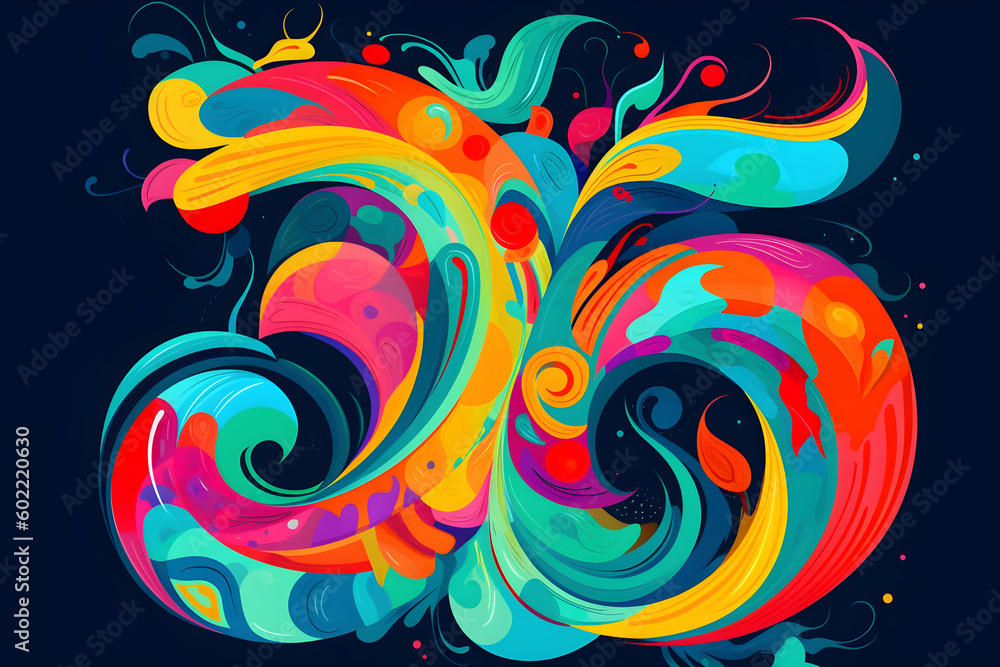 abstract organic design in bright colors on dark background, Generative AI