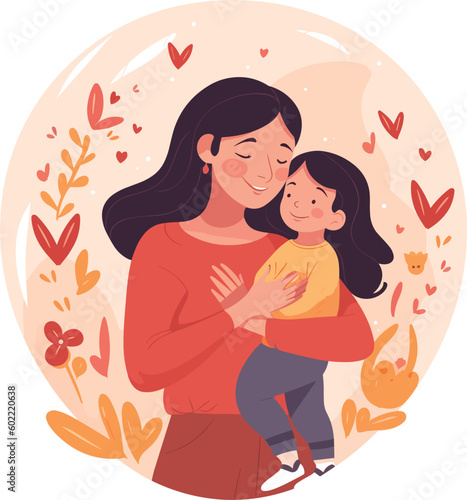 Happy Mother's Day. Vector illustration of mom with a baby in her arms, a vase of hearts, a declaration of love to mom and a floral and hear frame for a greeting card, poster or background