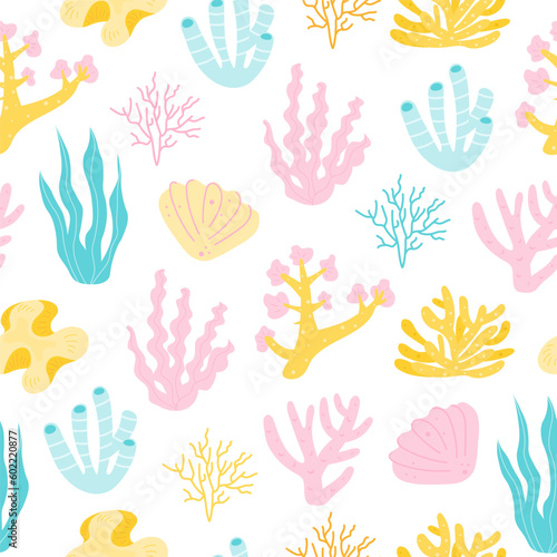 Seamless pattern with corals and seaweed or algae