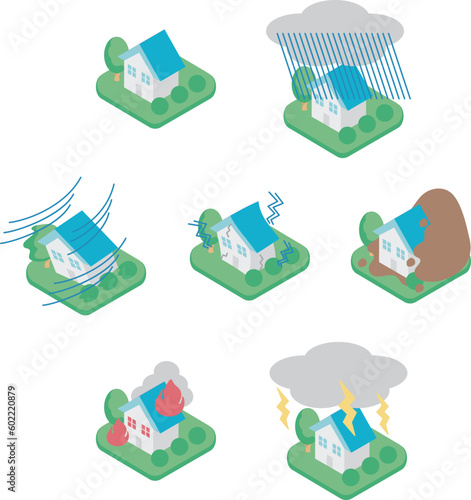 アイソメトリック　家　住宅　災害　被害　イラスト素材セット
