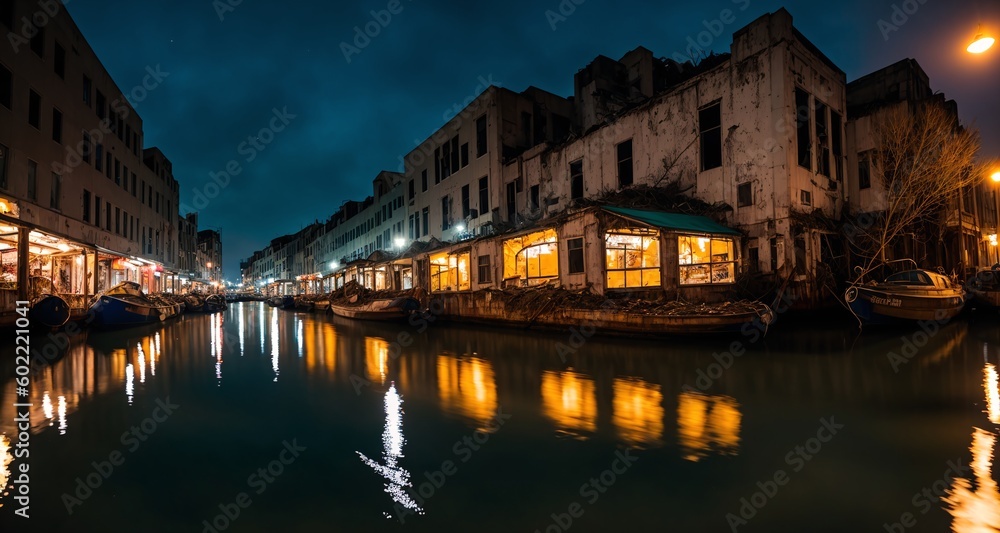 City Piers and Boats resting in the Town's Harbor Sea Port at Night. Blue Water and Light Reflections. (generative ai)