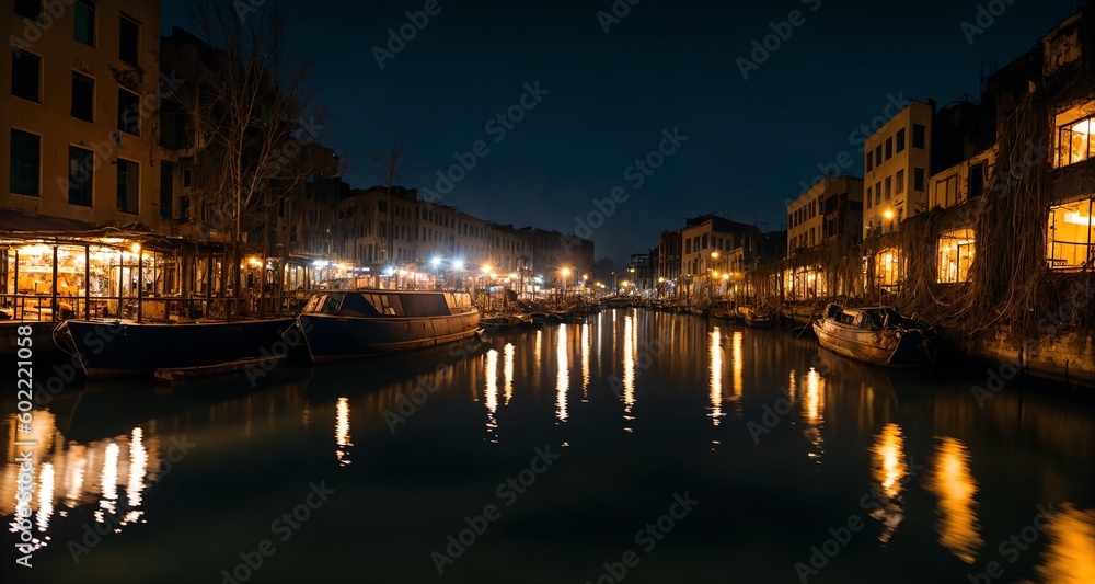 Obraz premium Harbor Boats in the City Canal at Night. Sea Canal Pier's at the Town Harbor Port. (generative ai)
