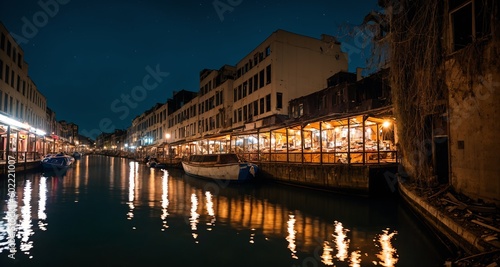 City Port Sea Canal on the City s Harbor at Night. Building s Reflections on Ocean Water by a Gondola Boat at Dock.  generative ai 