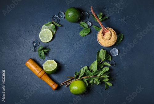 Frame made of ingredients for preparing mojito on dark background