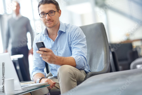 Portrait, corporate and businessman on phone in airport for networking, communication and flight travel check. Mature worker, employee and corporate person on mobile technology in business lounge