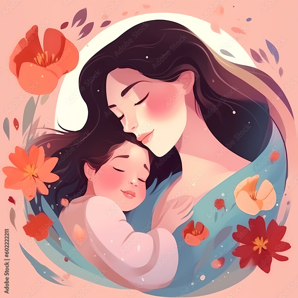 Illustration of a mother with her little child, flower in the background. Concept of mothers day, mothers love, relationships between mother and child. Illustration of a mother with her little child, flower in the background. Concept of mothers day, mothers love, relationships between mother and child.