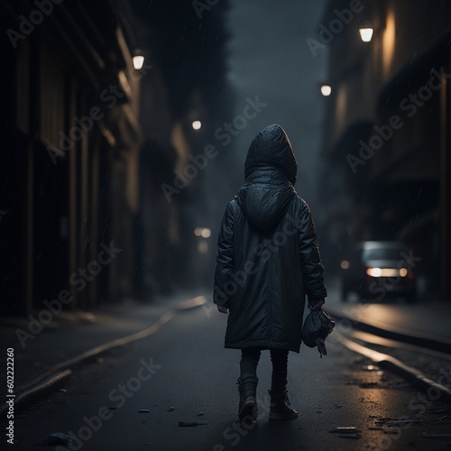 a poor kid walking in a road midnight time hyper realistic