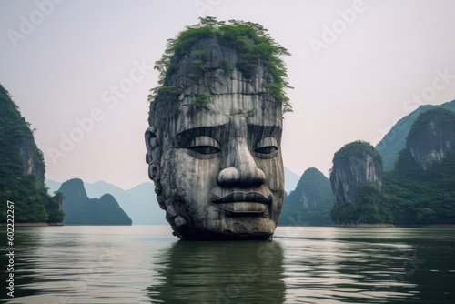 Fototapeta A giant rock head sculptor. island. Generative A