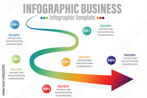Curve Road Map Infographic Template and Business Icon with Six Steps. Infographic with Road and Location Pin Six 6 Steps Points for Presentations, Finance Reports, Web Design, Reports.