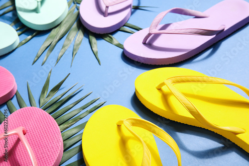 Colorful flip flops with palm leaves on blue background