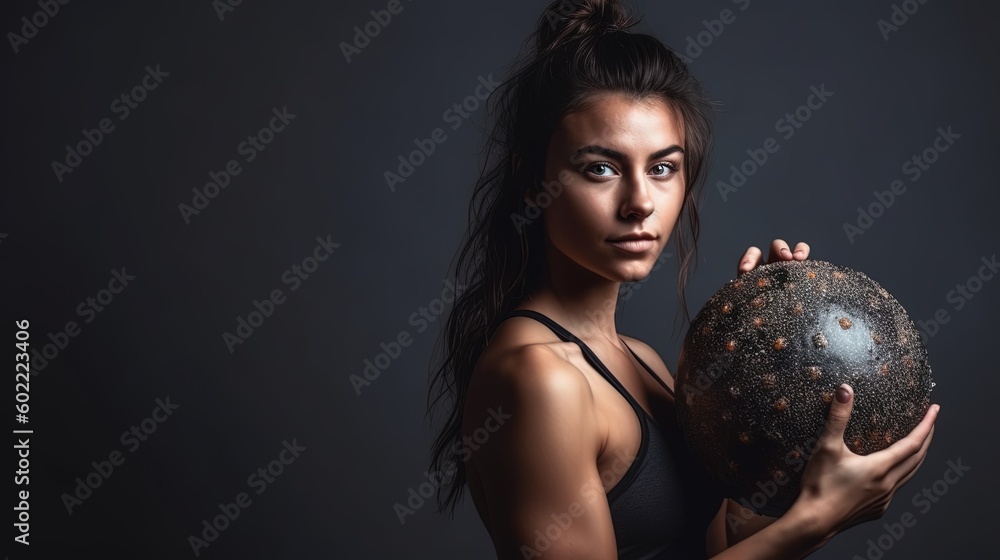 Naklejka premium Portrait of beautiful sporty woman with fitness ball on gray background.Generative Ai