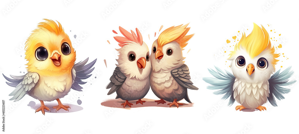Cute Lutino Cockatiel, Cartoon. Generative AI Cute Lutino Cockatiel, Cartoon. Generative AI