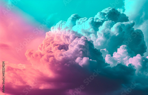 A fairy tale landscape of the sky, thick pink clouds and colorful beautiful rainbow, gentle vivid colors. Imagination and beauty. Illustration. Generative AI.