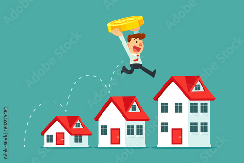 businessman with gold coin jump over the roof to taller house