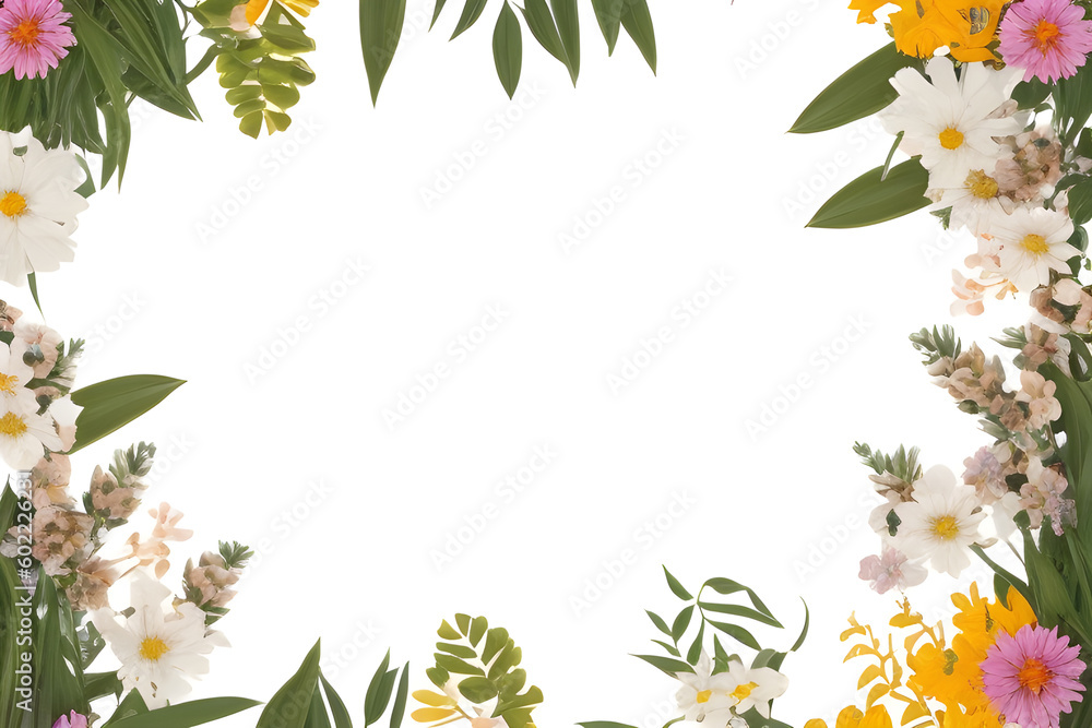 Frame of flowers border with white background. Generative AI