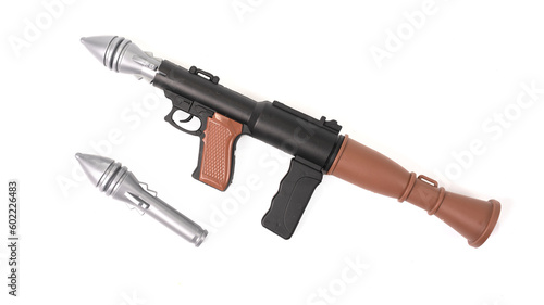Bild auf Leinwand Plastic figure toy miniature bazooka isolated on white background