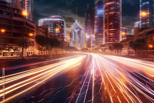 Dynamic Speed Light Trails in Cityscape, Generative AI