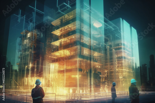 night view double exposure concept of building engineers using modern technology, Generative AI © Tahsin