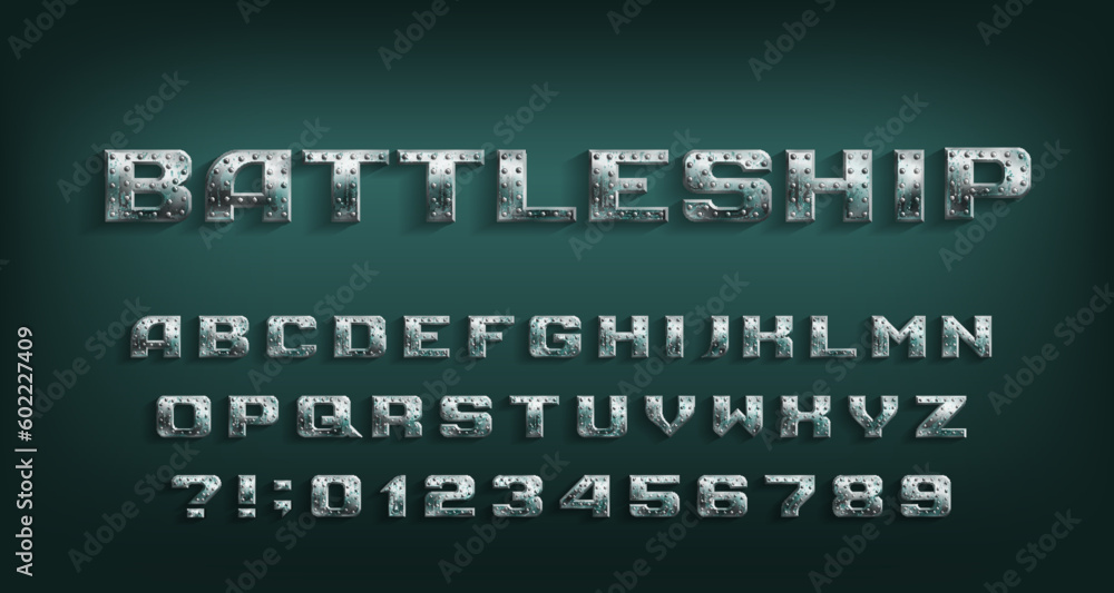Battleship alphabet font. Distressed metal letters and numbers. Stock vector typescript for your design.