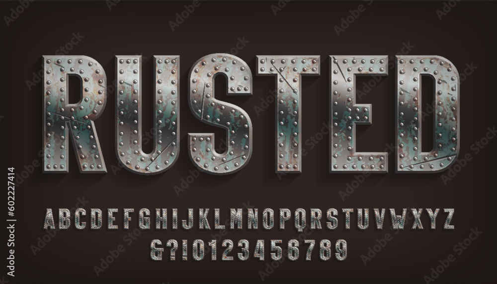 Rusted alphabet font. Damaged metal letters and numbers with rivets. Stock vector typescript for your design.