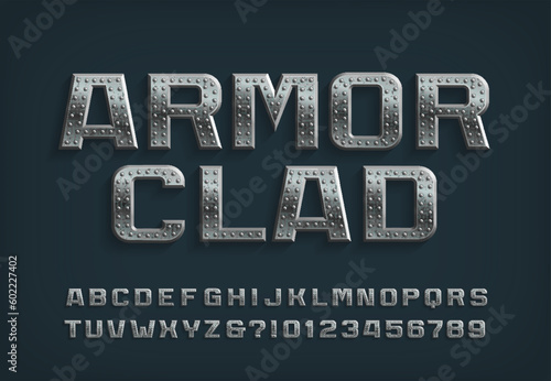 Armor Clad alphabet font. Riveted metal letters and numbers. Stock vector typescript for your design.