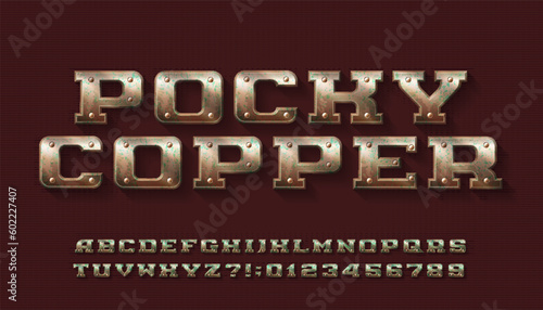 Pocky Copper alphabet font. Letters and numbers with rivets in steampunk style. Stock vector typescript for your design.