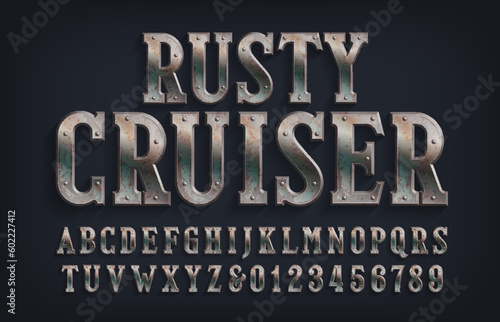 Rusty Cruiser alphabet font. Distressed metal letters and numbers with rivets. Stock vector typescript for your design.