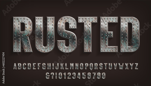 Rusted alphabet font. Damaged metal letters and numbers with rivets. Stock vector typescript for your design.