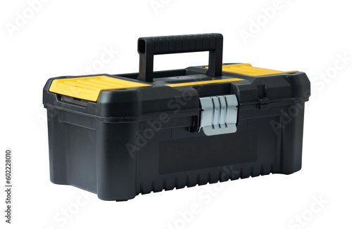 Fotografie Black plastic tool box with lid closed isolated on white background