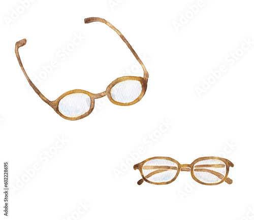 イラスト素材：眼鏡を畳まずに置いた状態と畳んだ状態のセット 茶色 手描きの水彩画 