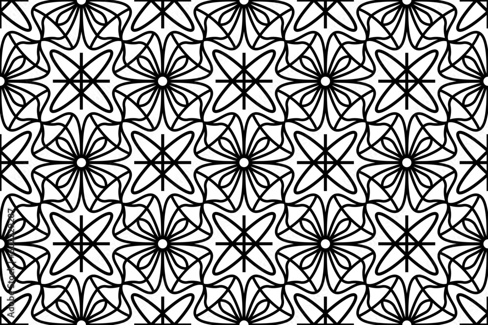 Abstract floral, lace, trim seamless pattern. Repeating pattern with floral elements and ornaments. Line art design, mandala pattern.